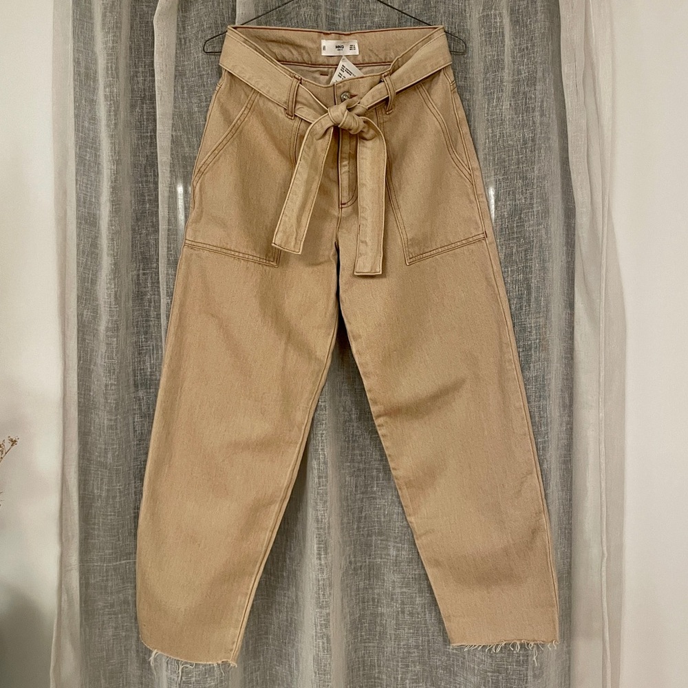 Mango Khaki Denim Utility Belted Pants